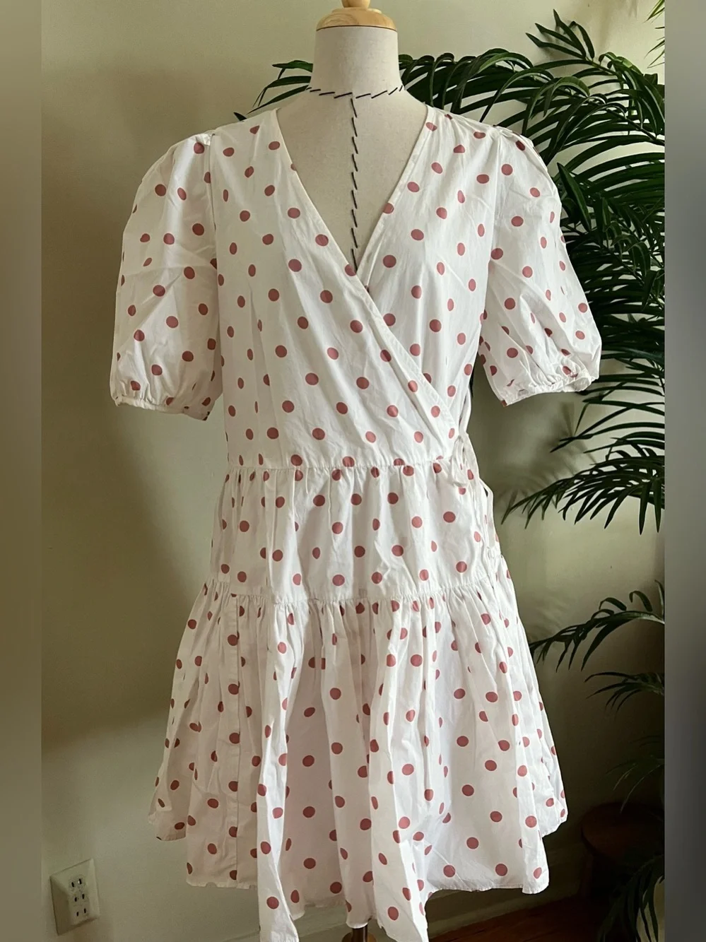 Flowy White Pink Polka Dot Wrap Mini Dress with Puff Sleeves | Size S | Cotton
